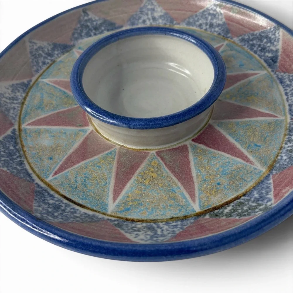 Signed‎ Handcrafted Art Pottery Chip & Dip Platter Tray Southwestern Geometric